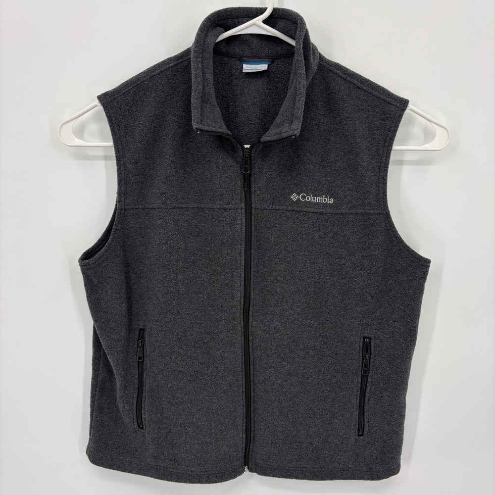 Columbia Fleece Vest Mens XL Charcoal Gray Excellent Full Zip Mock Neck Logo